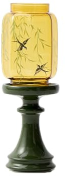Portavelas de cristal de estilo vintage, color amarillo ámbar con patrón de pájaro y base verde, soporte para velas de té de 22,8 cm de alto para decoración del hogar