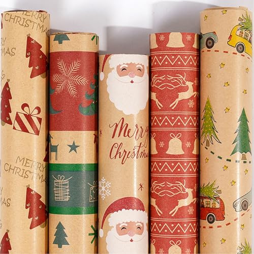 5 Piezas 300 * 43cm Papel Regalo, Wrapping Paper Christmas, Rollo Papel Regalo Navidada, con Motivos Como Papá Noel, Árboles de Navidad y Renos, para Envolver Regalos