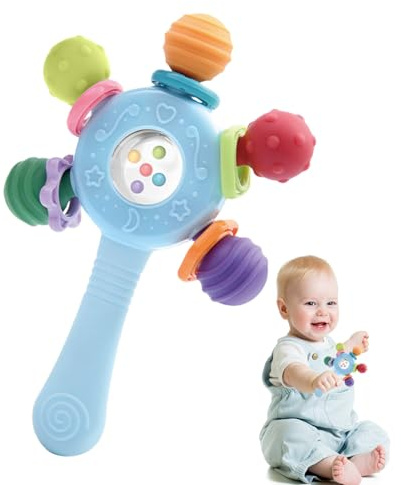 Baby Teething Ring Food Quality, Baby Sensory Toys 0-6 Months BPA - Free Baby Rattles Grip Strengthening Early Educational Teether Anti-Strangling Design for Newborn Boys and Grils (Blue)