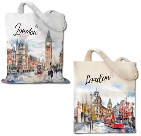 Cunegra Borsa regalo London Souvenir, borsa in tessuto con stampa su entrambi i lati, borsa in tela da donna, borsa per la spesa, borsa in tessuto per ufficio, viaggi, shopping, 40 x 35 cm