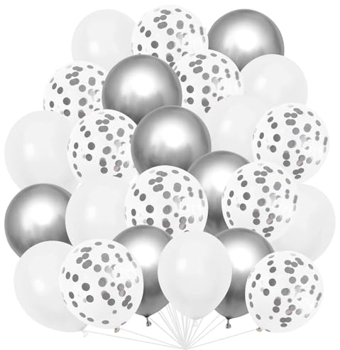 60 Piezas Globos Plateados y Blancos, Globos de Plata Matellic | globos de Cumpleaños de Látex Plata Metálica, para Fiesta Cumpleaños, Baby Shower, Decoración de Bodas