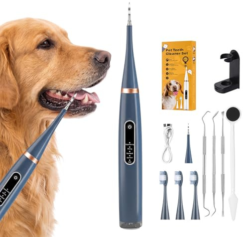 AURIVEE® Ultraschall Zahnreiniger für Hunde & Katzen, 5 Reinigungsmodi, LED, IPX7 Wasserdicht, USB-C Akku, Blau, inkl. 3 Bürstenköpfe & 2 Zahnsteinentferner