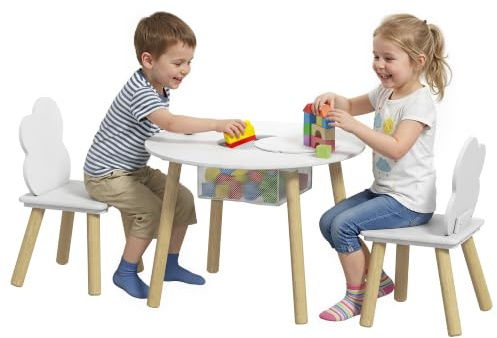 AIYAPLAY Table Enfant avec Chaise 2 Chaises Sac de Rangement 3-6 Ans Blanc | Ensemble Table, en Bois, pour Dessiner Jouer Étudier, Cadeau, Salle de Jeux Chambre Maternelle