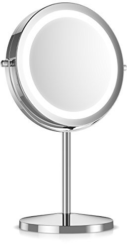 Navaris Kosmetikspiegel mit LED Beleuchtung - Spiegel mit 5fach Vergrößerung Make Up Standspiegel - Schminkspiegel beleuchtet 360° drehbar in Silber