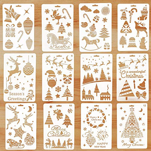 Schablonen Weihnachten, 12 Stück Zeichenschablonen Malschablonen aus Kunststoff, Stencil Schablonen Wiederverwendbar für Scrapbooking Fotoalbum, DIY Geschenkkarten, Geschenke Weihnachten Kinder