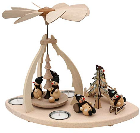 Dekohelden24 720072 Wooden Tea Light Pyramid with Scene for 3 Tea Lights Snowmen Design Approx. 32 x 19.5 x 25 cm