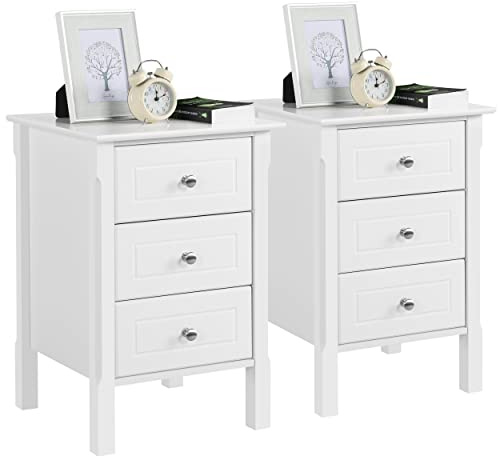 Yaheetech 2pcs Mesitas de Noche Blancas Mesilla de Noche Madera con Tres Cajones Mesillas Auxiliares de Estilo Moderno para Dormitorio Salon 40x40x60cm