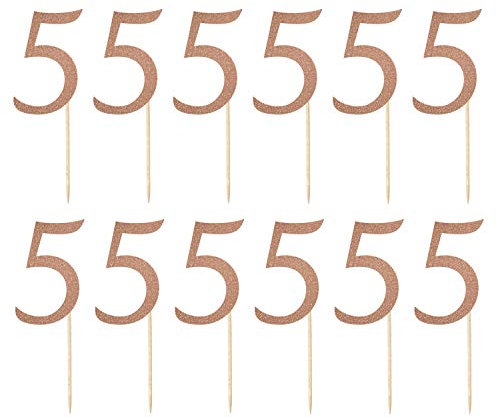 LissieLou Number 5 Cupcake Toppers Pack of 12 in Pretty Glitter Card, Made in the UK - Rose Gold