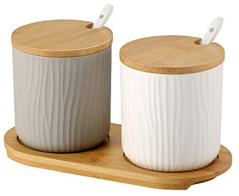 OnePine Set di 2 Zuccheriera, Zuccheriera in Ceramica Rotonda con Coperchio e Cucchiaio, Design Elegante, per Casa e Cucina