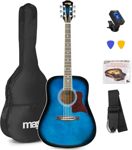 Max SoloJam Guitare Acoustique Folk Adulte Débutant - Bleue, Cordes en Acier, Accordeur Digital, Sac de Transport, Médiators, un Jeu de Cordes et une Sangle, Pack Idéal pour Musiciens Débutants