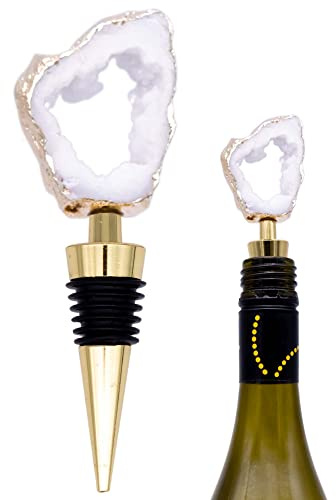 Metal Wine Bottle Stopper, White Agate Stone Decorative Top, Rubber Seals for Airtight Flush