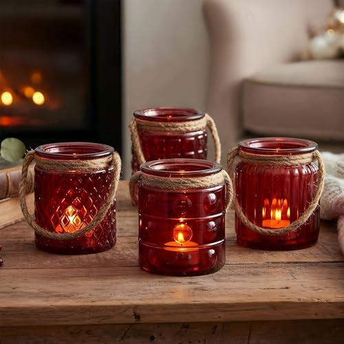 4-pack Röd Glas Vindljus H10cm Bordeaux Teeljus Hållare Bordsdekoration Ljus Deko Retro Ljusstake Flax