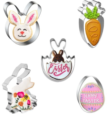 Formine per Biscotti di Pasqua, 5 Pezzi Tagliabiscotti Acciaio Inox Modello Pasqua Uovo, Coniglietto, Testa di Coniglio, Coniglietto Uovo, Carota Stampi Biscotti Pasquali