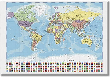 Quadro su Tela Mappamondo 100x140cm Mappa Mondo Cartina Bandiere - Stampa da Parete con Telaio Premium 2 cm Legno Abete - Massima Qualità di Stampa - Quadro Moderno Pronto da appendere