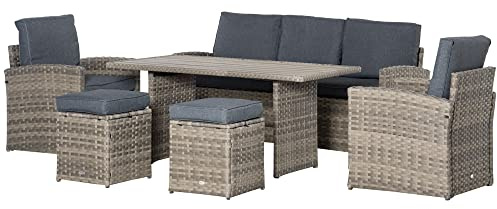 Outsunny Set Mobile da Giardino da 6 Pezzi in Rattan PE, Salotto con Divano 3 Posti, 2 Poltrone, 2 Sgabelli e Tavolo, Cuscini Sfoderabili, Grigio