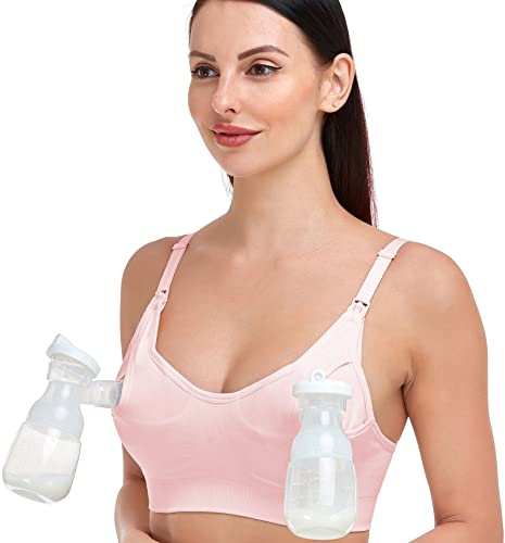 GXXGE Nursing Bra Support Pumping Bra Hands Free All in One Maternity Bra Comfortable Breast No Pad Pumps Bra Pink Large