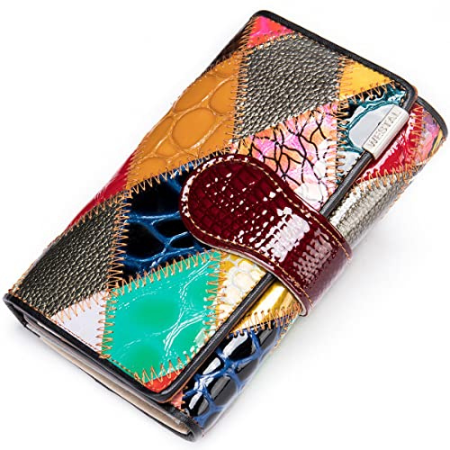 Karoukee Pequeña Cartera de Cuero Genuino para Mujer, Única Dama Cartera de Tarjeta de Crédito con Diseño Patchwork de Colores, Monedero Multicolor con Ventana de ID y Bolsillo de Cremallera