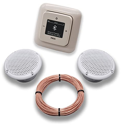 Busch Jäger DAB+ Bluetooth Unterputz Unterputzradio DAB BT 8217 U – 101 cremeweiß Komplettset DURO2000 + 2 x Deckenlautsprecher Feuchtraum Badezimmer + 20 Meter Lautsprecherkabel 2x0,75 mm² 8217U-101