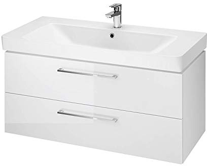 ECOLAM Badmöbel Waschtisch Waschbecken Mille 100 cm + Schrank Lara Waschbecken mit Unterschrank 2 Schubladen weiß + Click Clack + Flaschensiphon, modernes Design