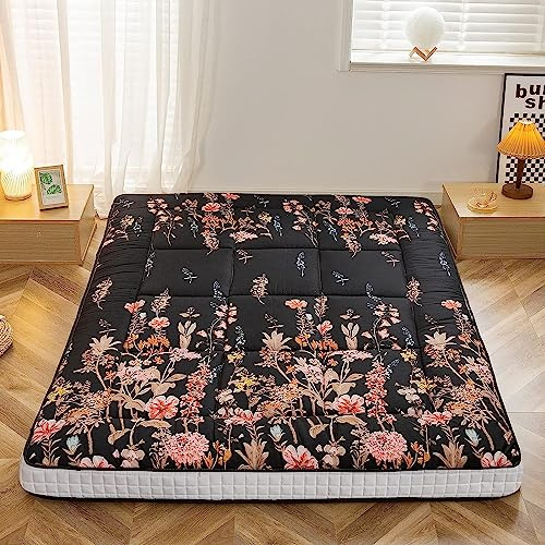MAXYOYO Futon-Matratze, Gepolstert Japanische Bodenmatratze Gesteppte Bett Matratzenauflage, Extra Dicke Faltbare Isomatte Atmungsaktive Bodenliege Gästebett (Black Floral, 150 x 200 cm)
