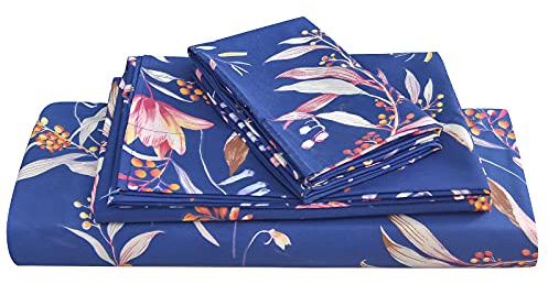 JSD Navy Floral Sheet Set Full Size Bedding, 4 Piece Printed Microfiber Sheets Extra Deep Pocket Wrinkle Free
