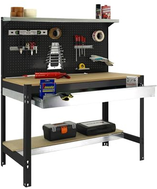 Simon Rack Werkbank Werkstatt mit Lochwand und Schublade 1210x610 mm - BT3 | Lochwand und Schublade, Holzplatte 16 mm, Tragfähigkeit 600 kg, Korrosionsschutzlackierung, Anthrazit