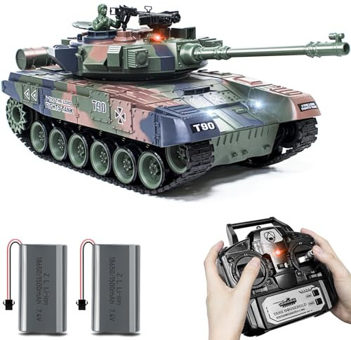 RC Panzer 1/18 Russischer T90, 2.4GHz Panzer Ferngesteuert mit Schussfunktion, WW2 Modell Panzer Kampfpanzer, mit Rauch, mit Licht und Sound, Spielzeug für Erwachsene und Kinder