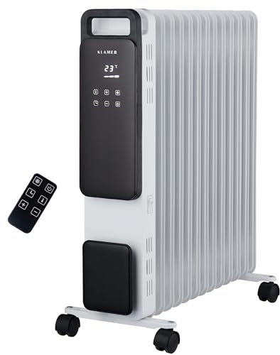 KLAMER Ölradiator 2500 W, Elektroheizung energiesparend, 13 Rippen, 3 Heizstufen mit Eco-Modus, 24h Timer, Thermostat, Überhitzungs- & Kippschutz, mit Fernbedienung, für Innenräume, weiß