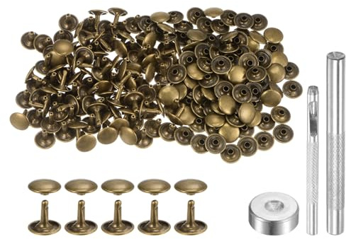 QUARKZMAN 100 Stück Leder Nieten Runde Doppelkappe 12 x 12mm Bronze | Tubular Metall Hohlnieten, Mit Werkzeugen, Zubehör Rücknieten für Lochzange Gürtel Dekoration Kleidung DIY Handwerk