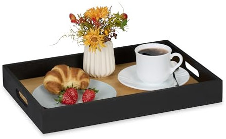 Relaxdays Tablett, Bambus, MDF, HBT: 5 x 40,5 x 28 cm, Serviertablett mit Griffen, hoher Rand, rechteckig, schwarz/Natur
