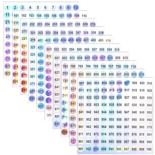 simarro Klebepunkte Nummer Naufkleber, 1-1000 Nummer 10 mm Wasserdichte Runde Aufkleber, Selbstklebende Holografische Zahlen Aufkleber zum Sortieren des Inventars Organisieren Codierung(1 Sets)