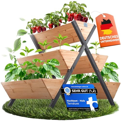 Vertikales Hochbeet Kräuterbeet aus Holz für Balkon & Garten - FSC®-zertifiziertes Vertikalbeet mit 3 Etagen | Umweltfreundliche Kräutertreppe mit 5 Pflanzflächen für Kräuter und Blumen