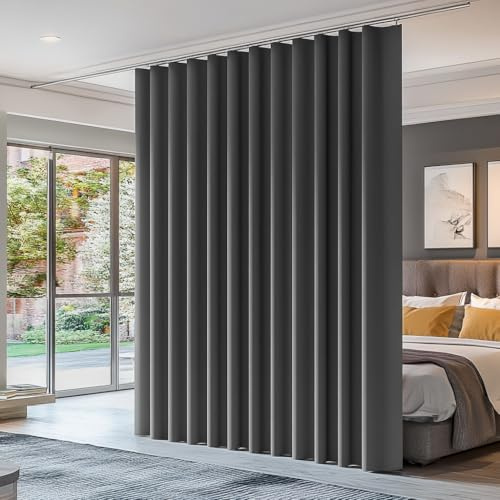 PANOVOUS Rod Pocket Room Divider Curtains for Ceiling Track - Blackout Curtains with Hooks, Privacy Drapes for Sliding Glass Doors, 100W x 84L Inches, Grey (1 Panel)