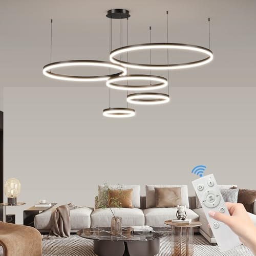 Mikeru Pendelleuchte 5 Ring 30+40+60+80+100cm, Hängelampe LED Rund Pendelleuchten 145W Dimmbar Wohnzimmer Deckenleuchte 10% bis 100% Pendelleuchte Ausziehbar Rund 3000K/4500K/6500K für Esszimmer