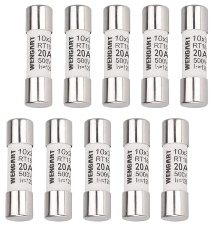 Wengart 10 fusibles cilíndricos CA RT18-32 (RO15), 10 unidades, 10 x 38 mm, CA500V, 20A 120 kA, fuerte capacidad de conmutación, puede proteger el circuito de forma fiable