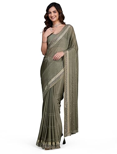 TRENDMALLS Women's Chiffon Siroski work Saree with Unstitch Blouse Piece (K1115-OliveGreen)