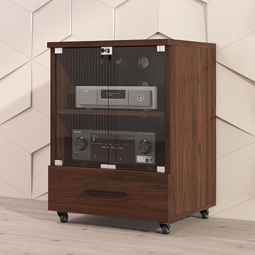 LYXWGRZD 2/3-stufiger Audio Rack HiFi Regal, Phonoschrank mit Schublade, HiFi Rack mit gehärtetem Glas, Record Player Stand, atmungsaktives Lochdesign(Walnut,77cm/30.3in)