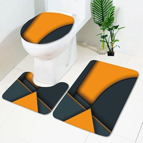 Bad Teppiche Set Gelb Schwarz Geometrie Badezimmerteppich Waschbar WC Vorleger mit Ausschnitt und WC Deckelbezug 3 Teilig Badematte rutschfest Toilettensitzbezug Badgarnitur 50x80 cm