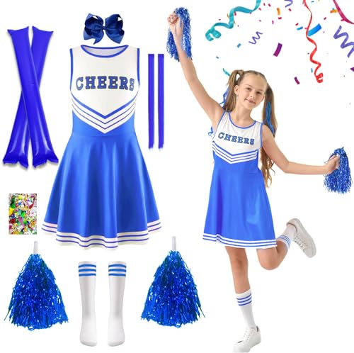 Cheerleader Kostüm Kinder, Cheerleadering Outfit Mädchen, Cheer Uniform Outfit Kleid, Schulkind Cheer Kostüm Outfit mit Pompons, Kopfschmuck, Socken Karneval Dress Up Fasching Party Kostüm(Blau, 140)