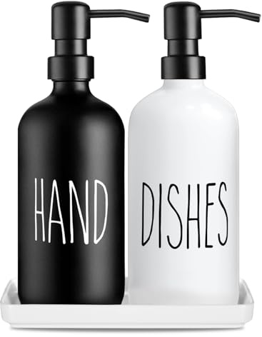 Premium Glas Seifenspender Set: 2er-Pack Küchenspüle-Seifenspender-Set mit Keramiktablett, 500 ml / 17 oz Badewaschflaschen für flüssige Händeseife, Duschgel, Körperwaschmittel (Weiß & Schwarz)