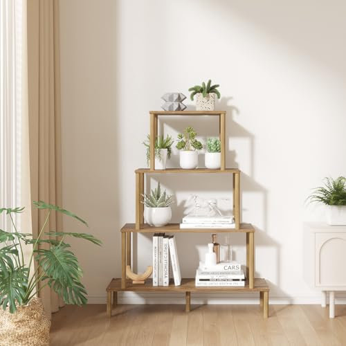 GERYMU Leiterregal, Breites 4-stöckiges Leiter Regal, Bücherregal Leiter, Pflanzenregal Indoor Blumenständer DIY offenes Deko Regal Stehend für Wohnzimmer, Haus, Büro, Rustikal Braun 30x85x108cm