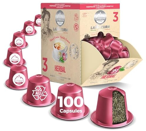 Théière aux herbes de qualité supérieure, 100 capsules compatibles avec les machines à capsules Nespresso, mélange équilibré de différentes herbes telles que la camomille, la menthe et la fleur de