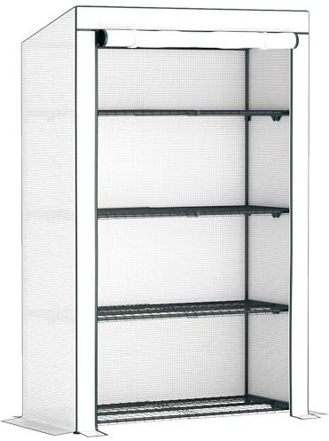 Outsunny 4 Tier Lean-to Mini Greenhouse with Reinforced PE Cover, Portable Small Greenhouse with Roll-Up Door, Green Hemmed Edging, 110 x 50 x 171cm, Green