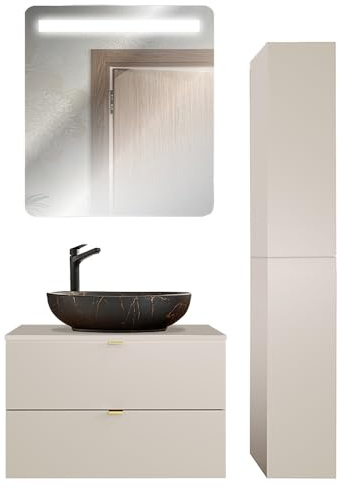 Lomadox Badezimmer Badmöbel Set 3-teilig mit 80 cm Waschtisch in Kaschmir matt, DURANGO-56, inkl. Keramikwaschbecken & LED-Spiegel