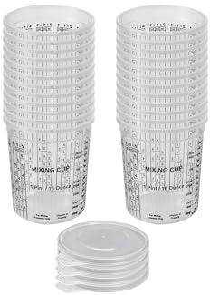 KREFINISH 16 OZ Paint Mixing Cups Disposable Flexible Clear Graduated Plastic Measuring Cups Box of 24 Cups & 4 Lids Use for Automotive Painting, Epoxy Resin, Acrylic Arts, Kitchen - Mixing Ratios