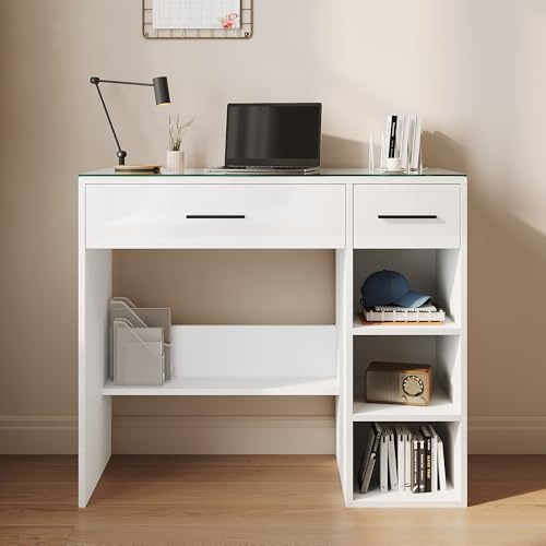 SONNI Schreibtisch, Computertisch mit Glasplatte, Stauraum, 90x40x77cm Weiß | Bürotisch mit 2 Schubladen & 3 Fächer, Multifunktionstisch als Schminktisch, Arbeitstisch, Kinderschreibtisch, Tisch