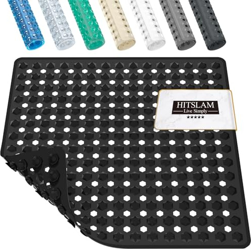 HITSLAM Duschmatte rutschfest, Antirutschmatte für die Dusche 53x53cm, Badewannenmatte mit Saugnäpfen-100% BPA-frei, Quadrat Rutschmatte Dusche schimmelresistent & maschinenwaschbar, Schwarz
