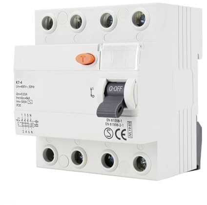 Interruptor diferencial AC 4 polos 40A 30mA, protección contra sobrecargas y cortocircuitos, ideal para instalaciones eléctricas residenciales y comerciales.