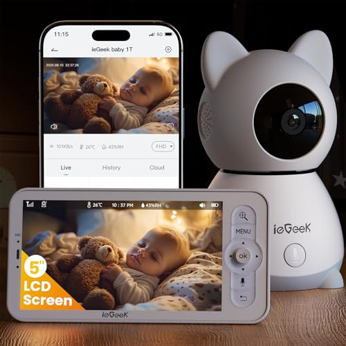 ieGeek 2K Smart Video Baby Monitor with 5 Screen, Camera & App Control, Cry/Motion Detection, Night Vision, Two-Way Talk, Temp&Humidity Sensor, 360° PTZ, 2.4GHz WiFi (Light Grey)