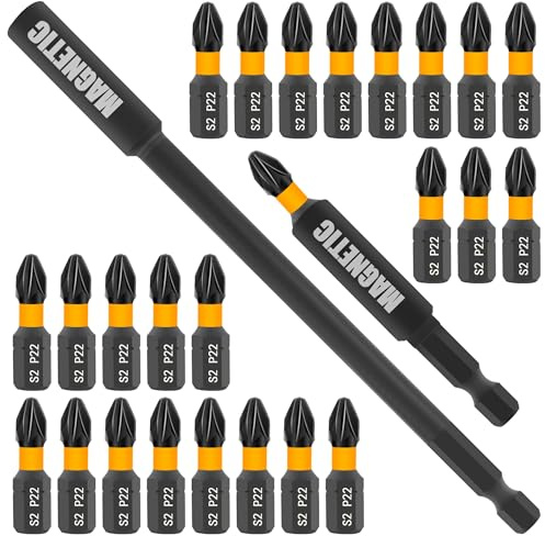 27-Piece PZ2 25mm Bits, PZ2 Screwdriver Impact Bits Set with Magnetic 60mm and 152mm Professional Impact Bit Holders (PZ2 Bits with Bit Holders（25mm）)